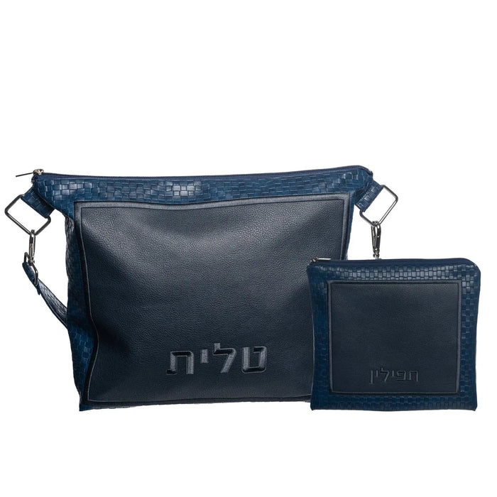 Navy leather travel tallis and tefillin bag set with textured trim and carrying handles, designed for portable Jewish prayer items.