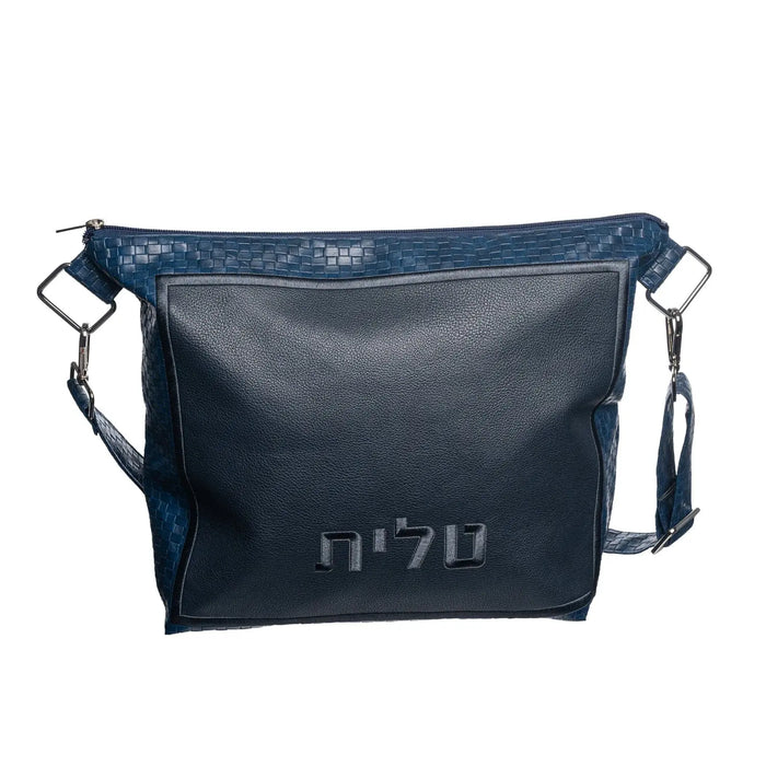 Navy leather Travel Tallis and Tefillin set by Waterdale Collection with shoulder straps and embossed branding details