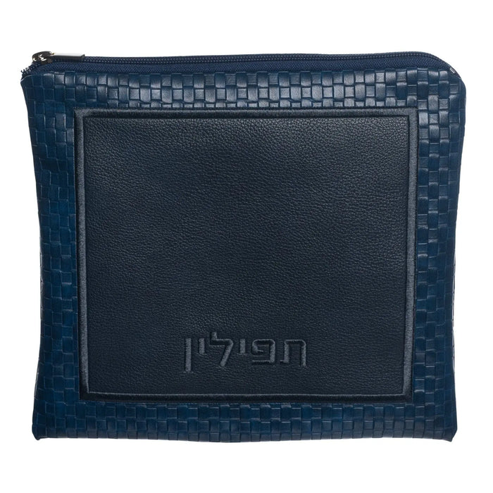Navy leather travel tallis and tefillin set with embossed design and zippered storage pouch by Waterdale Collection