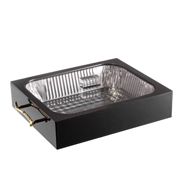 Black Twig 9x13 pan holder with mesh basket and side handles for serving dishes and bakeware storage.