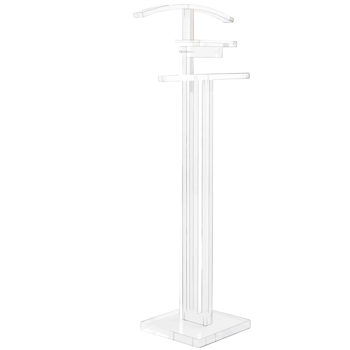 White tall valet stand with vertical ribbed design and top bar, modern men's clothing organizer for suits and accessories