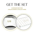Waterdale Collection vertical gold challah board and matching cover set displayed as a bundled pair for Shabbat.