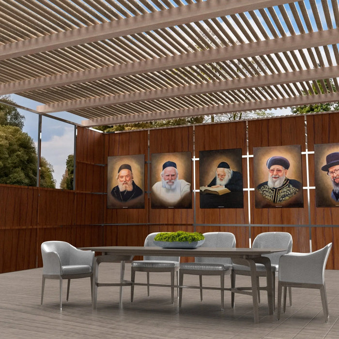 All three Dark Gedolim vinyl sukkah decorations on an outdoor succah wall above a set Sukkot table