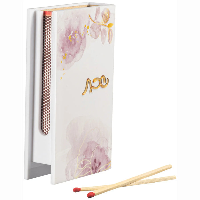 Watercolor matchbox holder with pink floral design and gold accents, displayed with wooden matches