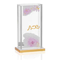 Watercolor Pillar Match Holder with purple floral design, clear glass cylinder on gold-tone metal base holding matches.