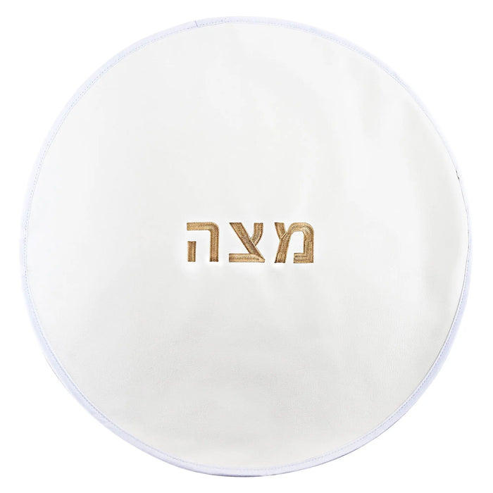 White matzah cover with gold embroidered Hebrew text, round fabric design for Pesach table settings