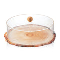 Clear glass cake dome with natural wood base and finial, perfect for serving and storing baked goods on any table.