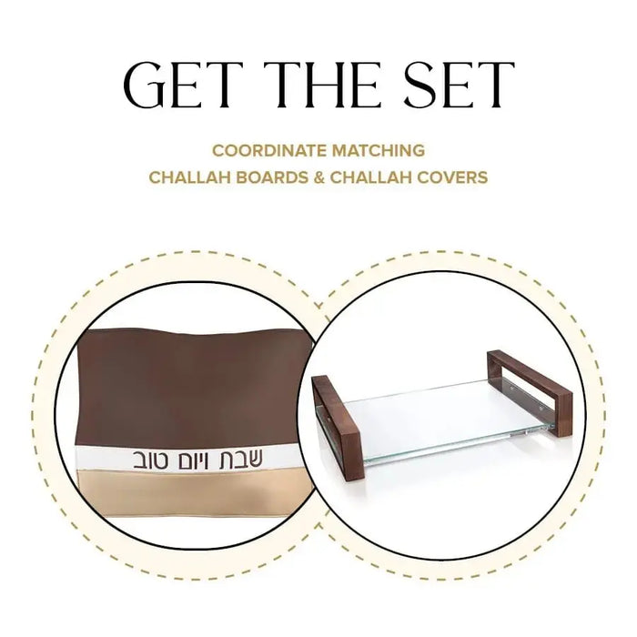 Waterdale Collection wood challah board and white cover set displayed as a bundle, showing the dark wooden board and matching fabric cover together.