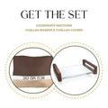 Waterdale Collection wood challah board and white cover set displayed as a bundle, showing the dark wooden board and matching fabric cover together.