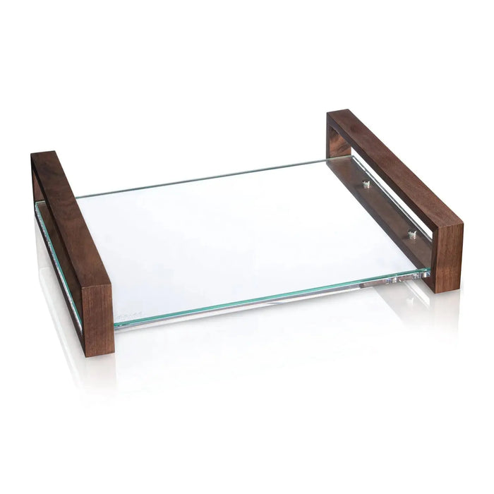 Wood Challah Board with glass serving tray by Waterdale Collection, featuring dark wooden handles and frame for Shabbat entertaining.