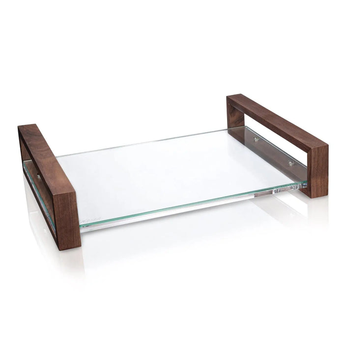 Wood Challah Board with glass serving tray and dark walnut handles, modern Shabbat serveware by Waterdale Collection.