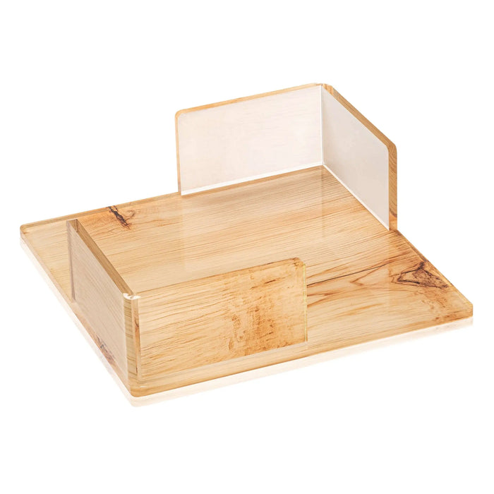 Wood napkin holder with light pine finish and clear acrylic back panel, displayed on white background