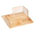 Wood napkin holder with light pine finish and clear acrylic back panel, displayed on white background