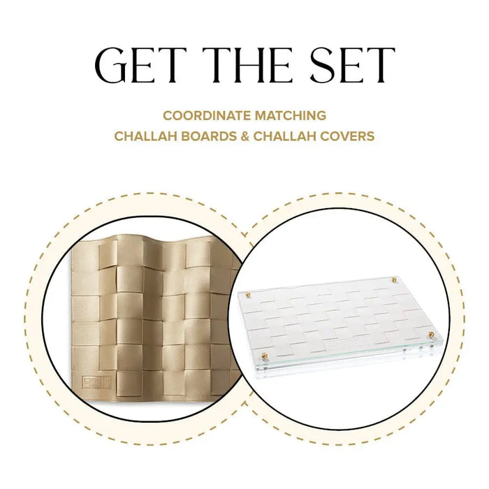 Woven Challah Board & Cover Set by Waterdale Collection showing gold woven board and white textured cover together.