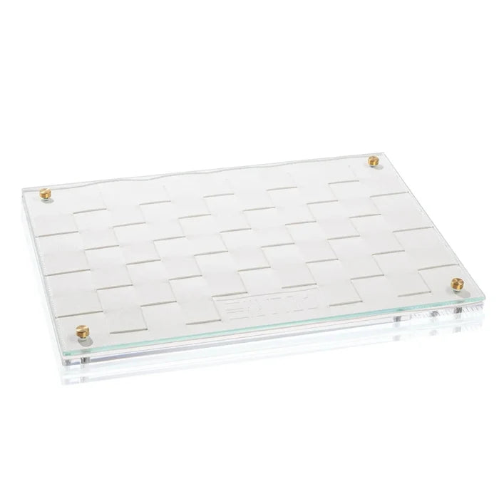 Woven Challah Board with white linen cover and corner ties, perfect for Jewish bread serving and holiday tables.