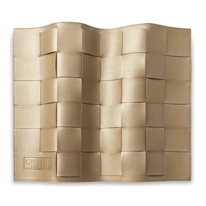 Woven Challah Board and Cover Set in natural tan woven material, showing interlocking square pattern design folded open.