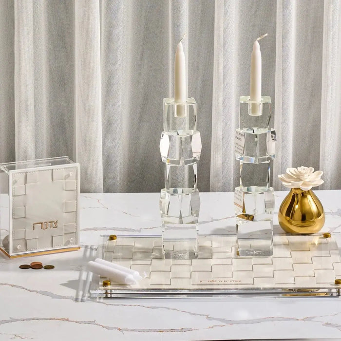 Woven Hadlokas Neiros Set by Waterdale featuring pearl marble candlesticks with glass holders and gold accents on white surface.