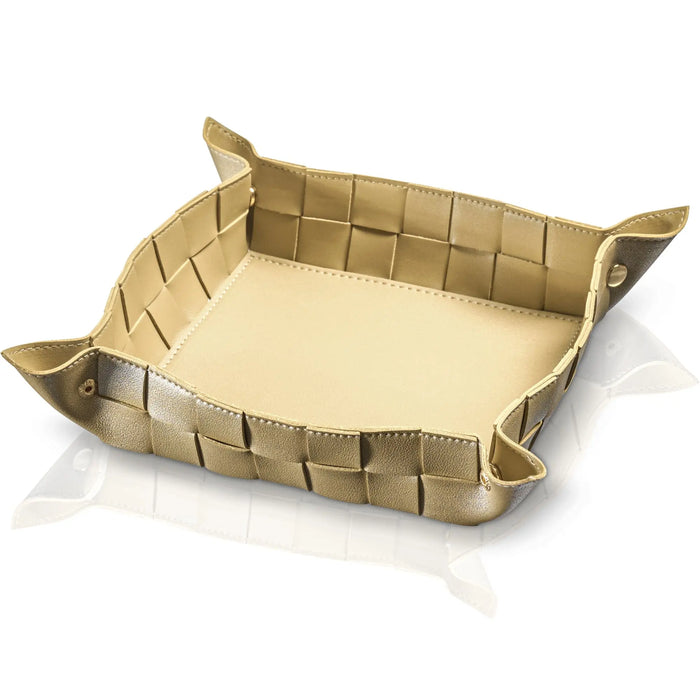 Woven leather napkin holder with tan woven sides and raised corners, displayed against a white background.