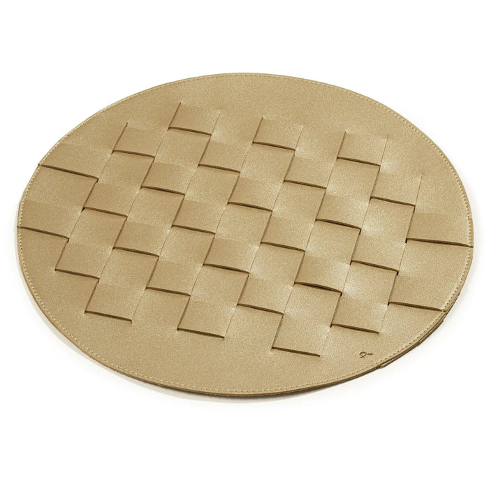 Tan woven leather round charger plate with interlocking basket weave pattern, displayed flat against white background.