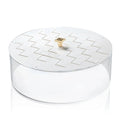 Woven Matzah Box with white lucite base and woven pattern lid, topped with small gold ornament, Pesach tabletop storage.