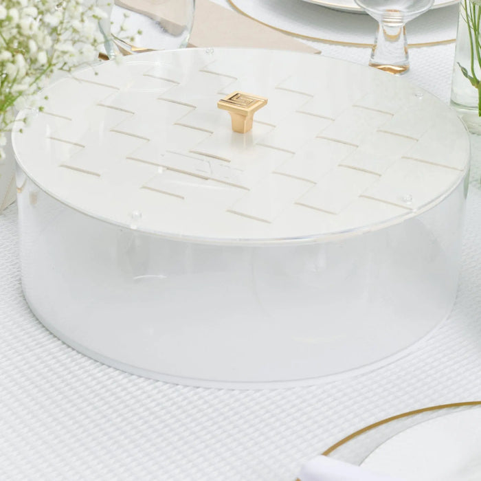 White woven matzah box with marble-like surface and gold accent, displayed on white textured surface for Pesach.